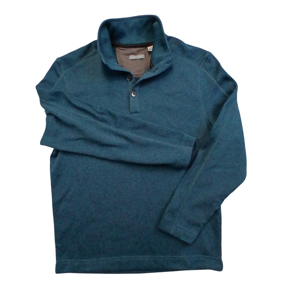 Mens Van Heusen Size L Teal Heather Knit Mock Neck Button Pullover Sweater